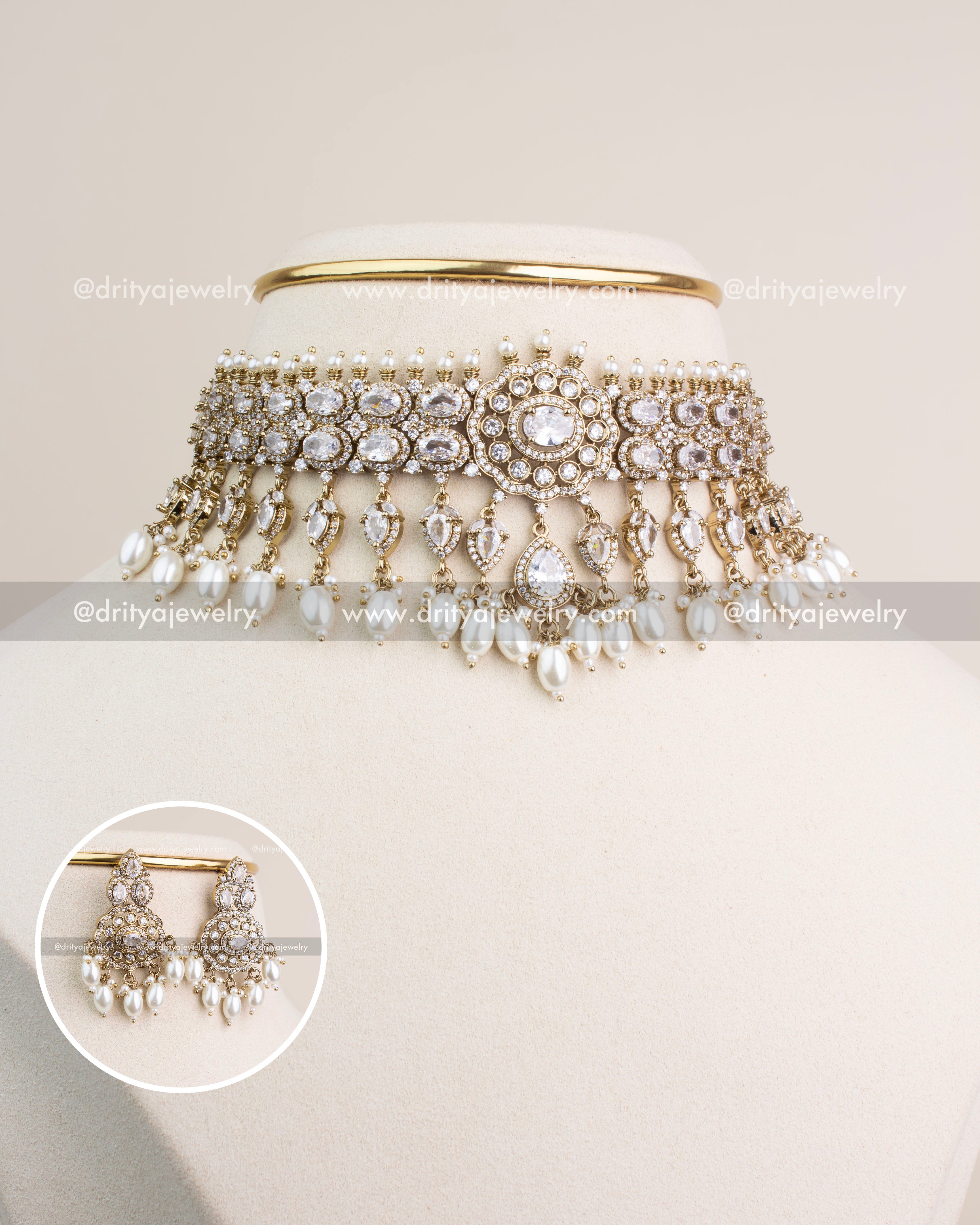 Premium Victorian Choker Set with diamond-white CZ stones and hanging oval pearls.