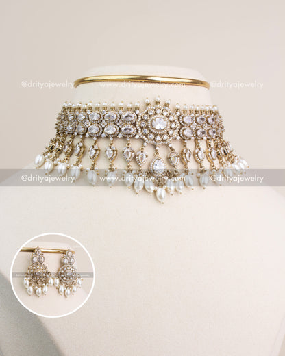 Premium Victorian Choker Set with diamond-white CZ stones and hanging oval pearls.