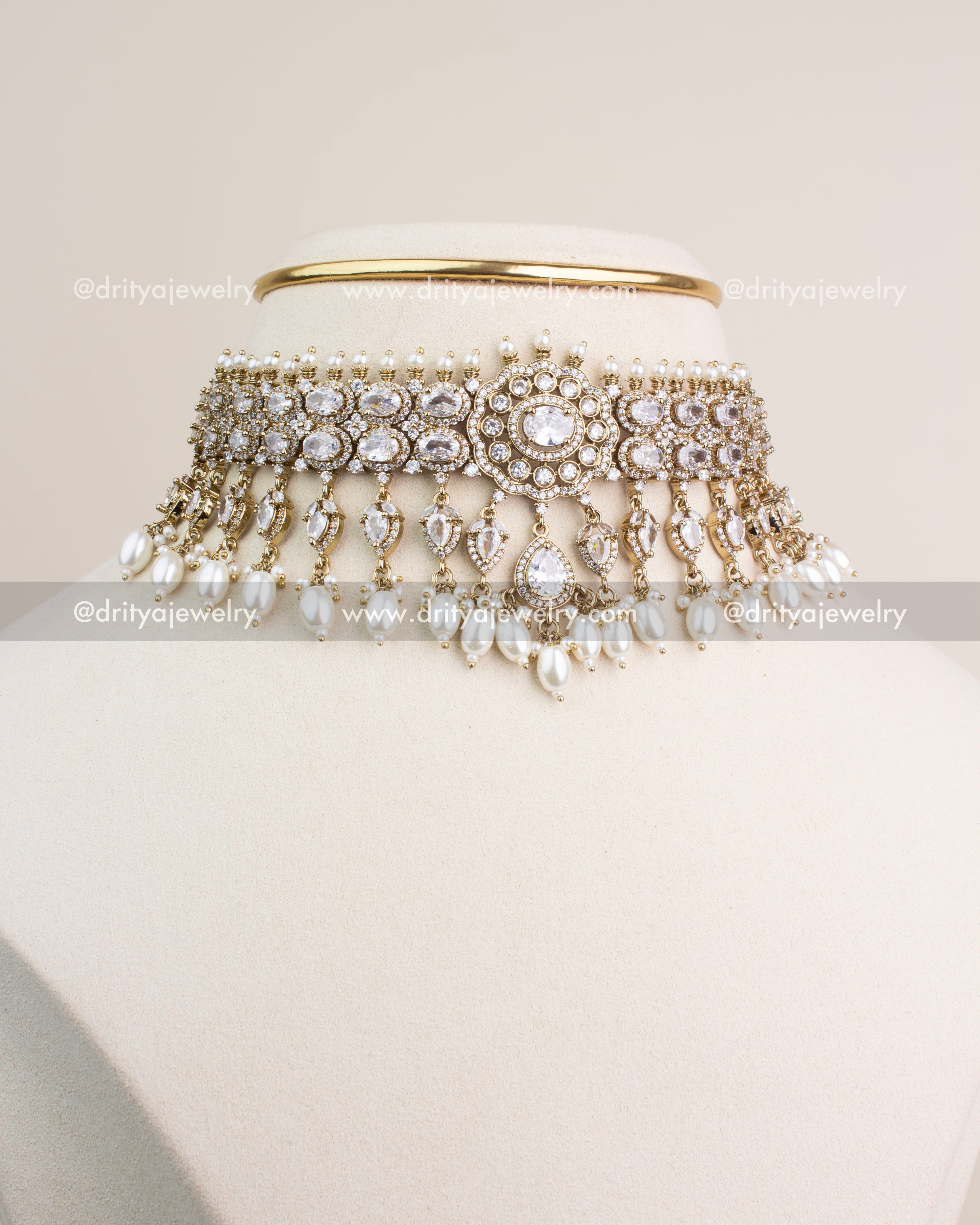 Premium Victorian Choker Set with diamond-white CZ stones and hanging oval pearls.