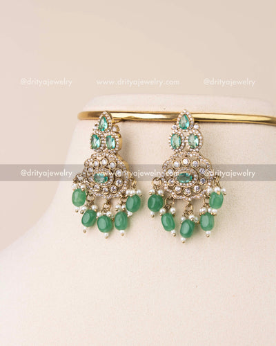 Victorian emerald earrings with pearl accents and emerald bead hangings
