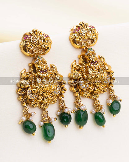 Lakshmi Temple Earrings with Emerald Beads and Matte Gold Finish – Bridal Earring Pair
