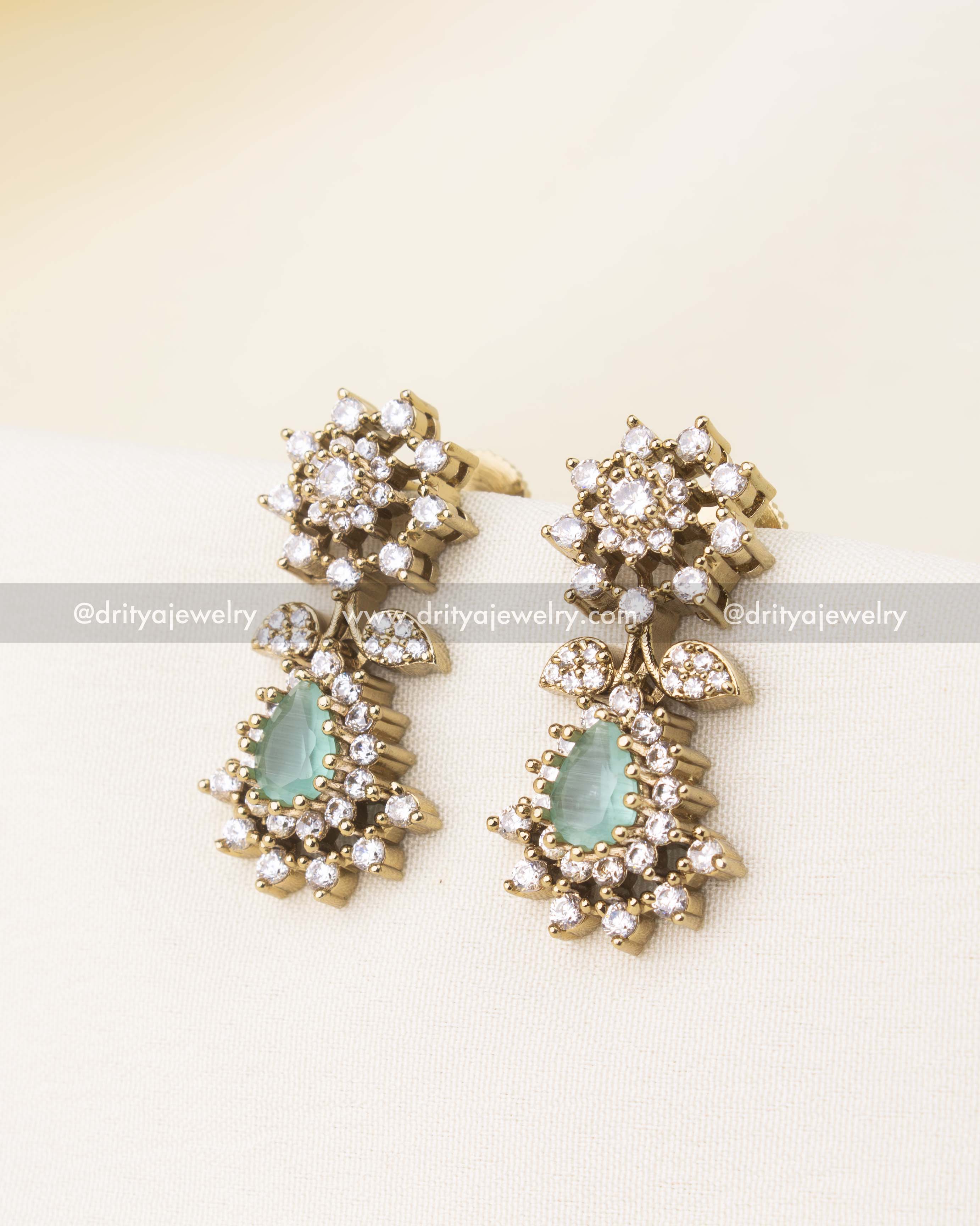 Matching Earrings with CZ Floral Tops and Mint Teardrops