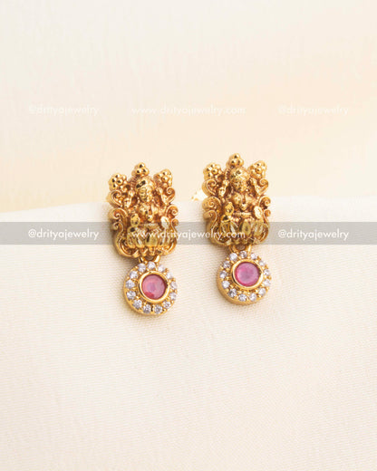 Lakshmi temple earrings with red stone drop and CZ halo