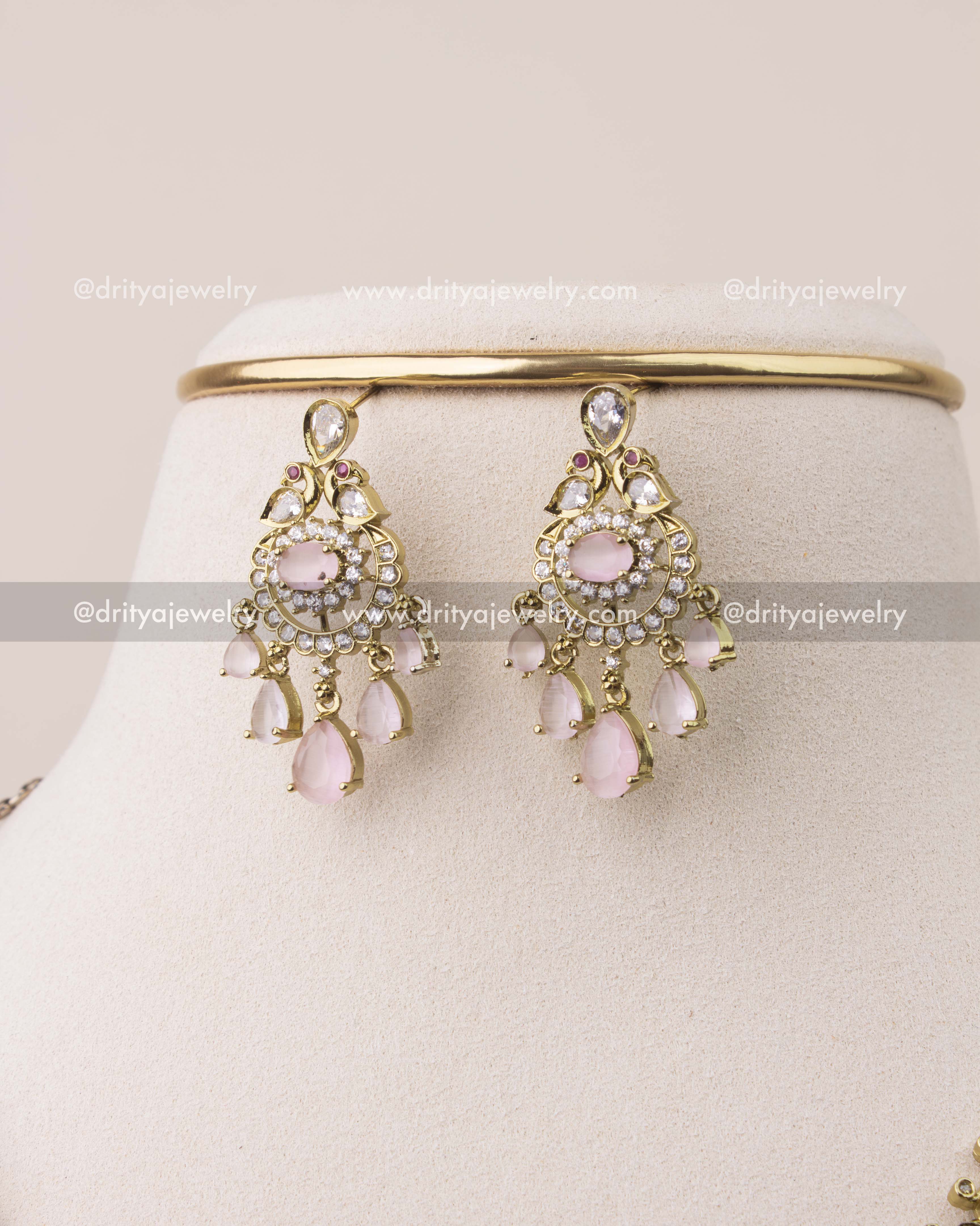 Victorian style earrings with blush pink stones and CZ detailing