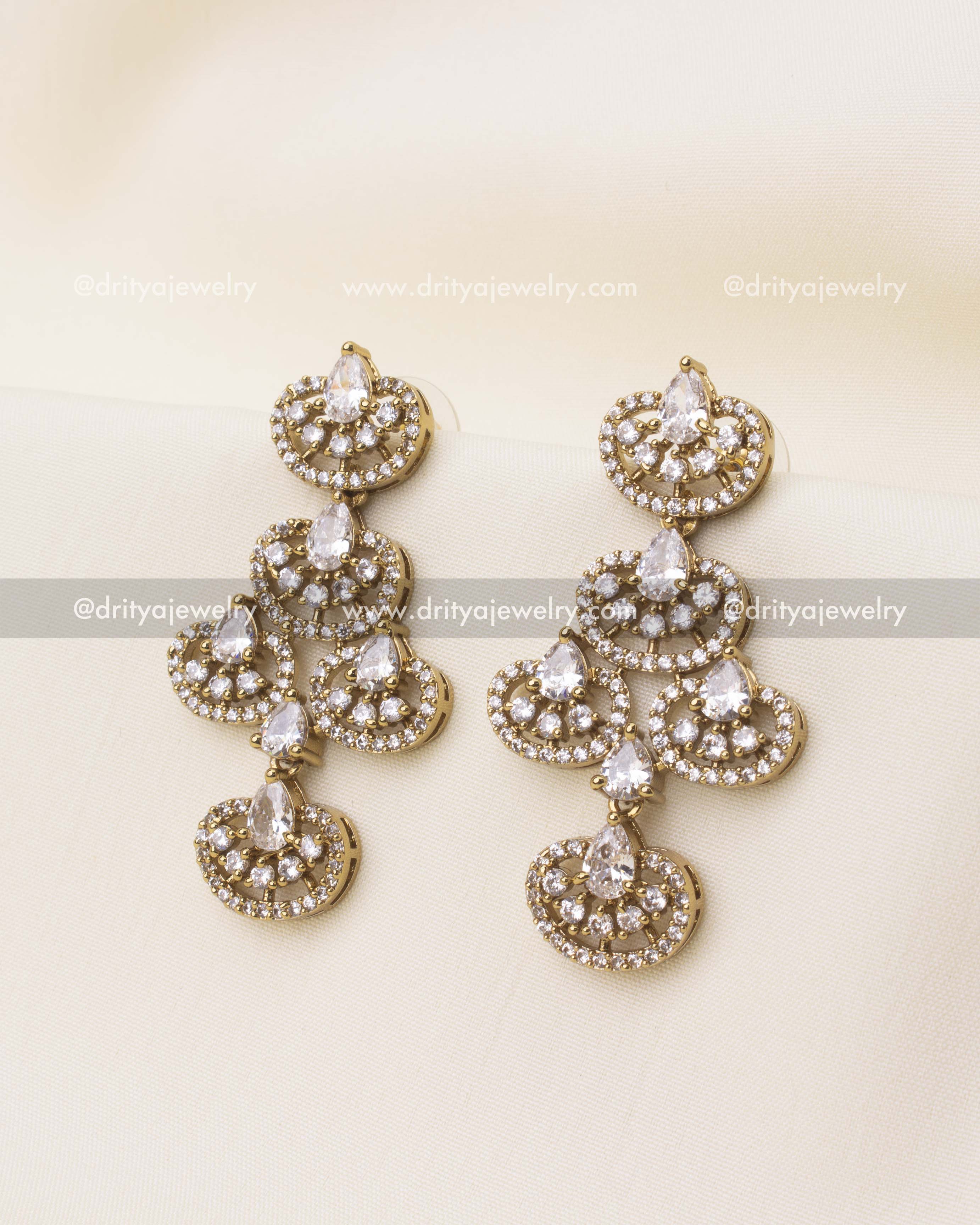 Victorian style diamond-alike CZ earrings with layered drop design