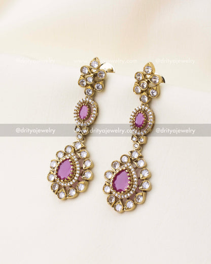 Victorian style earrings with ruby pink stones and gold-plated finish