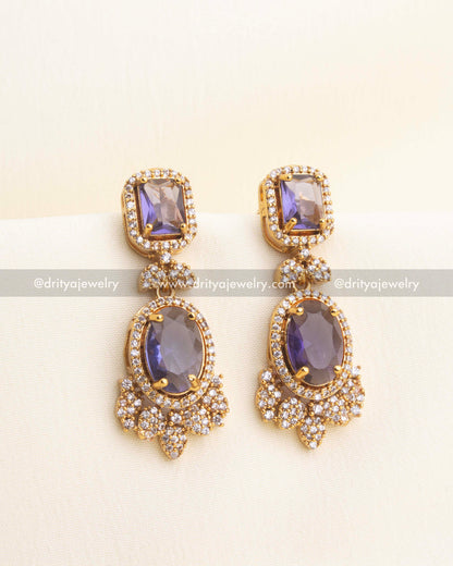 Purple CZ drop earrings with cushion & oval stones.