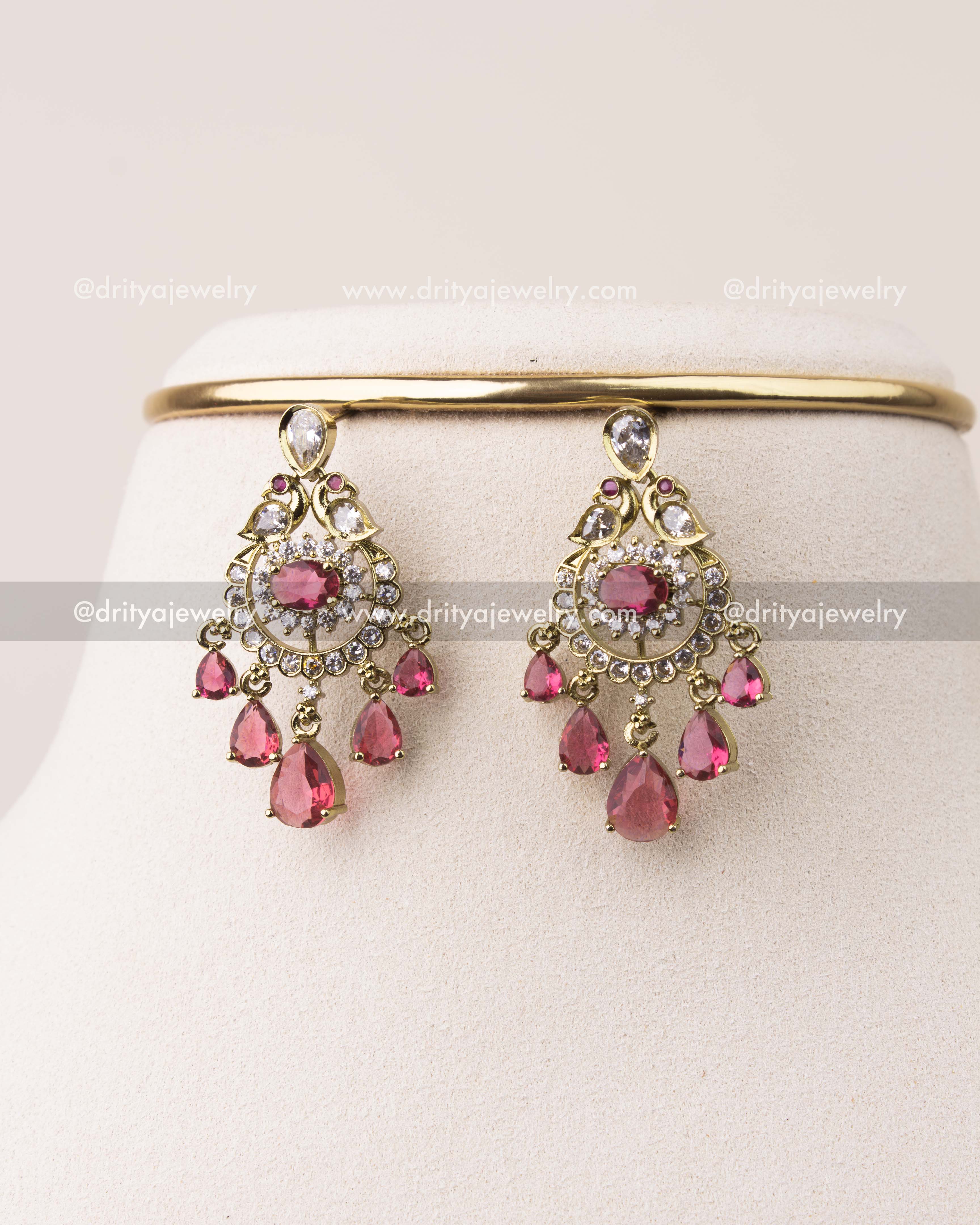 Victorian style earrings with ruby red drops and CZ stone detailing