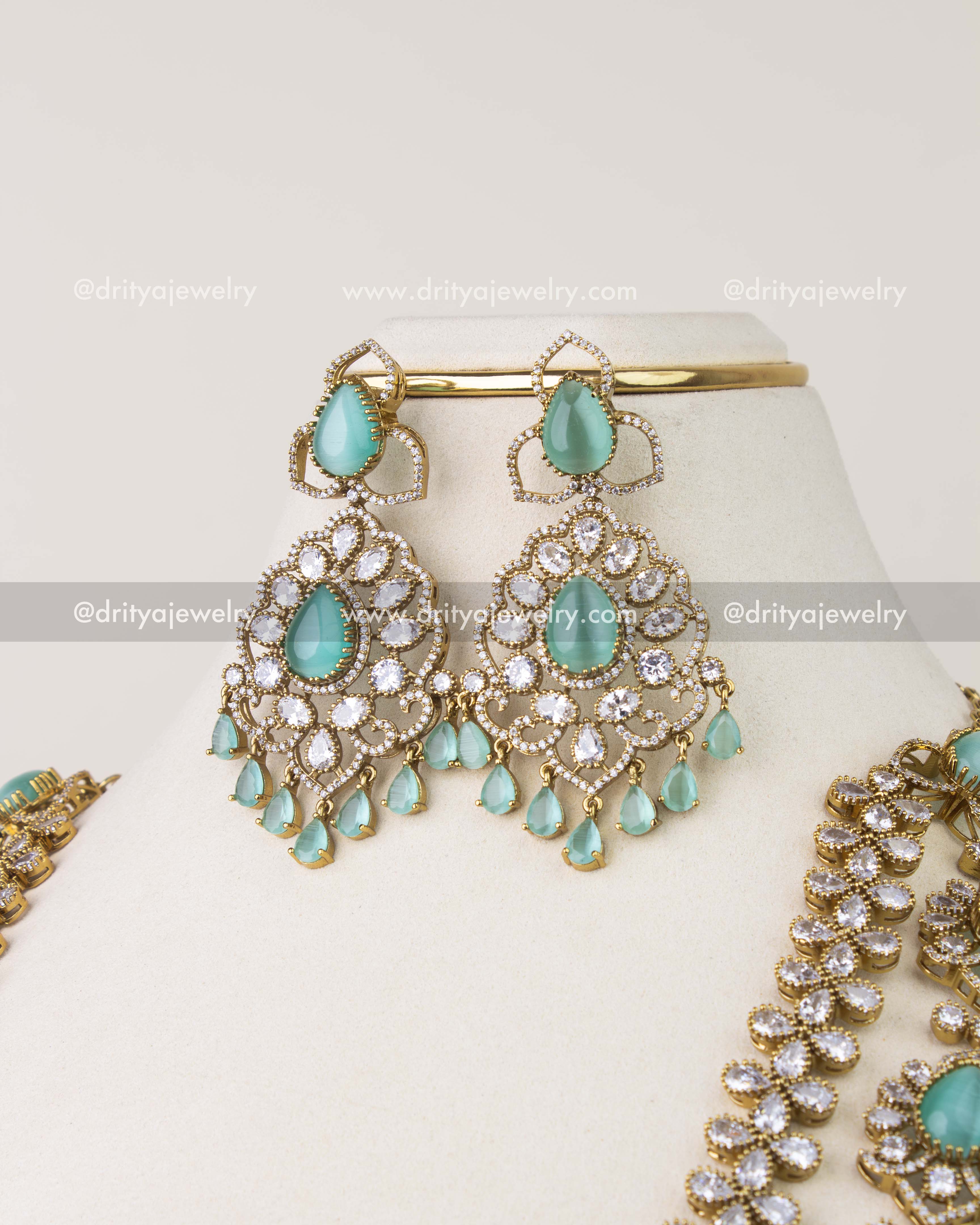 Matching mint green Victorian earrings with CZ and stone drops