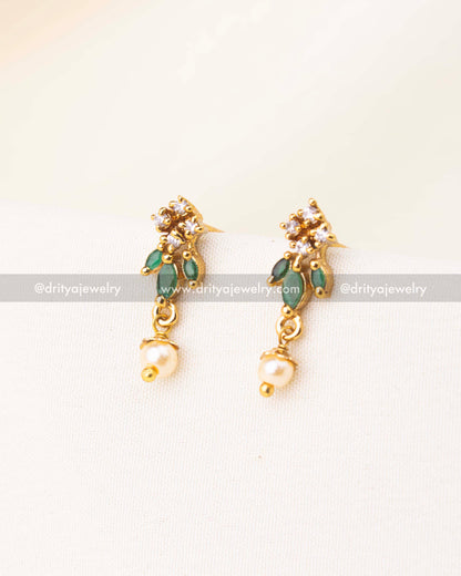Gold-plated earrings with green accents, CZ sparkle, and pearl danglers.