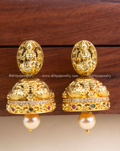 Nakshi temple jhumkas with single pearl ghanti drop and kemp stones – gold polish