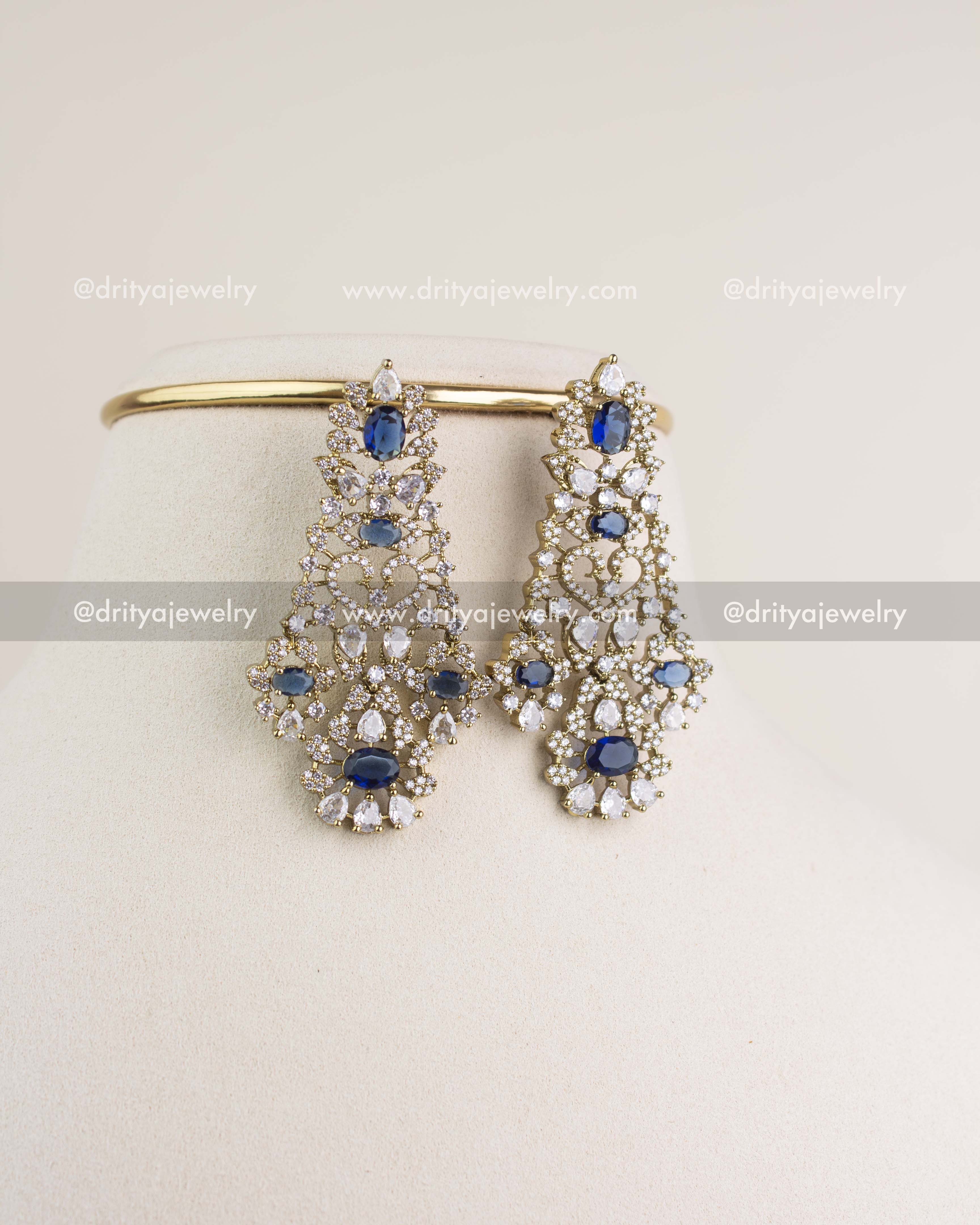 Matching sapphire blue Victorian danglers with CZ stones and intricate Victorian craftsmanship.