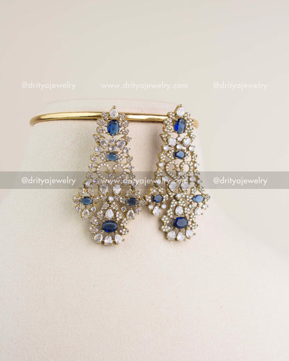 Matching sapphire blue Victorian danglers with CZ stones and intricate Victorian craftsmanship.