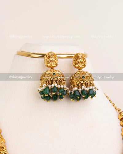 Temple-Style Jhumka Earrings with Lakshmi Top and Green Beads