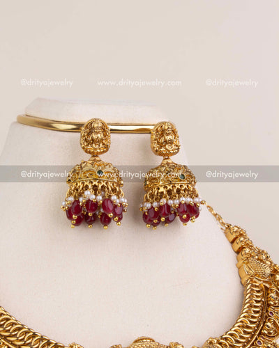 Matching Temple Jhumkas with Ruby Red Glass Beads and Lakshmi Top