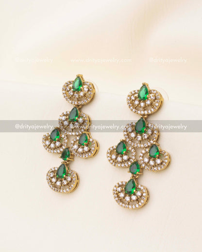 Matching Victorian earrings with emerald green CZ drops and diamond-alike stones