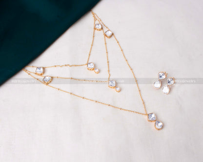 Minimalist necklace featuring premium moissanite stones on an invisible chain with carrot gold polish, paired with matching earrings.