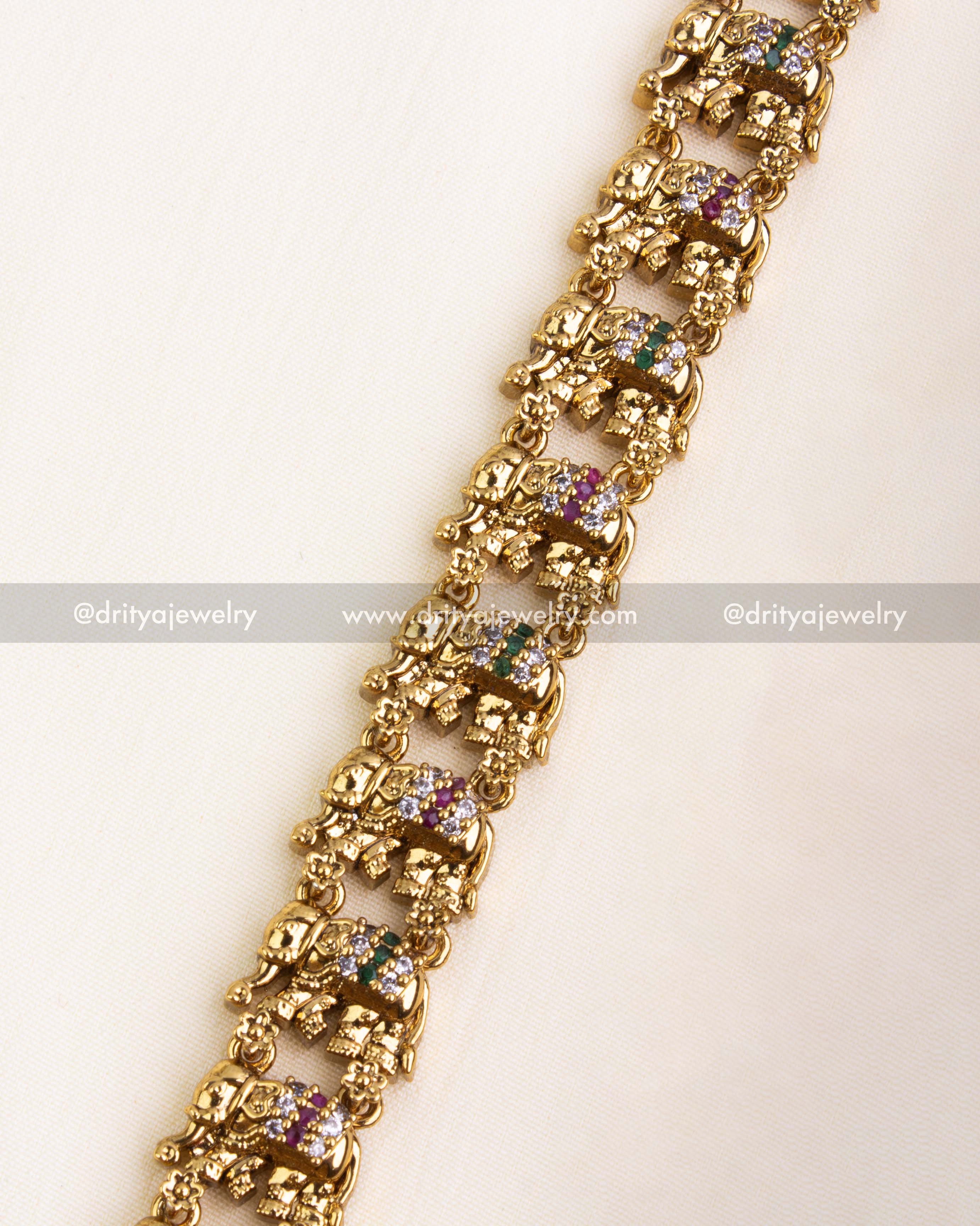 Close-up of Elephant Motif Chain with Multicolored CZ Stones - Symbol of Royal Heritage