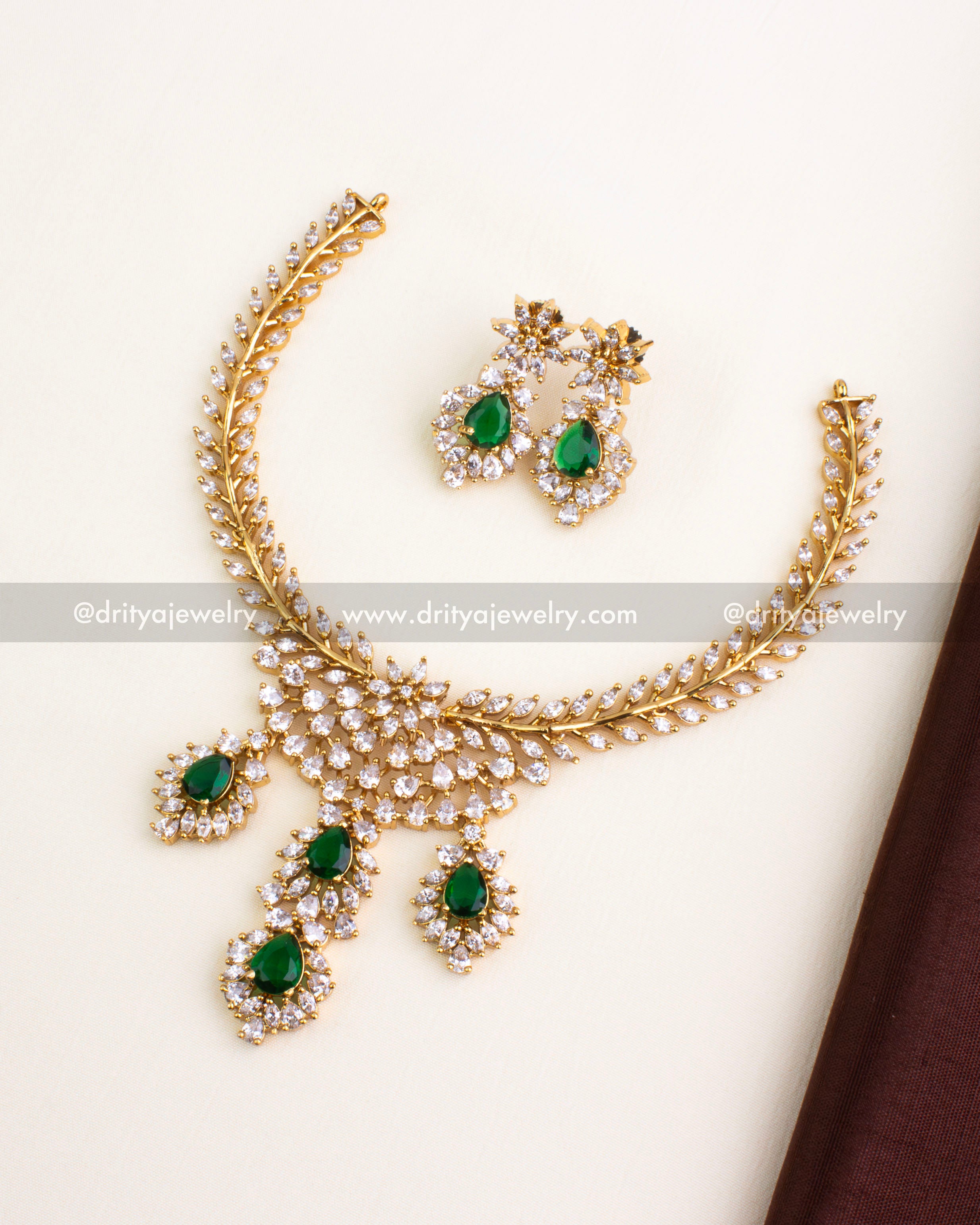 Emerald Green CZ Short Necklace Set with Gold Finish