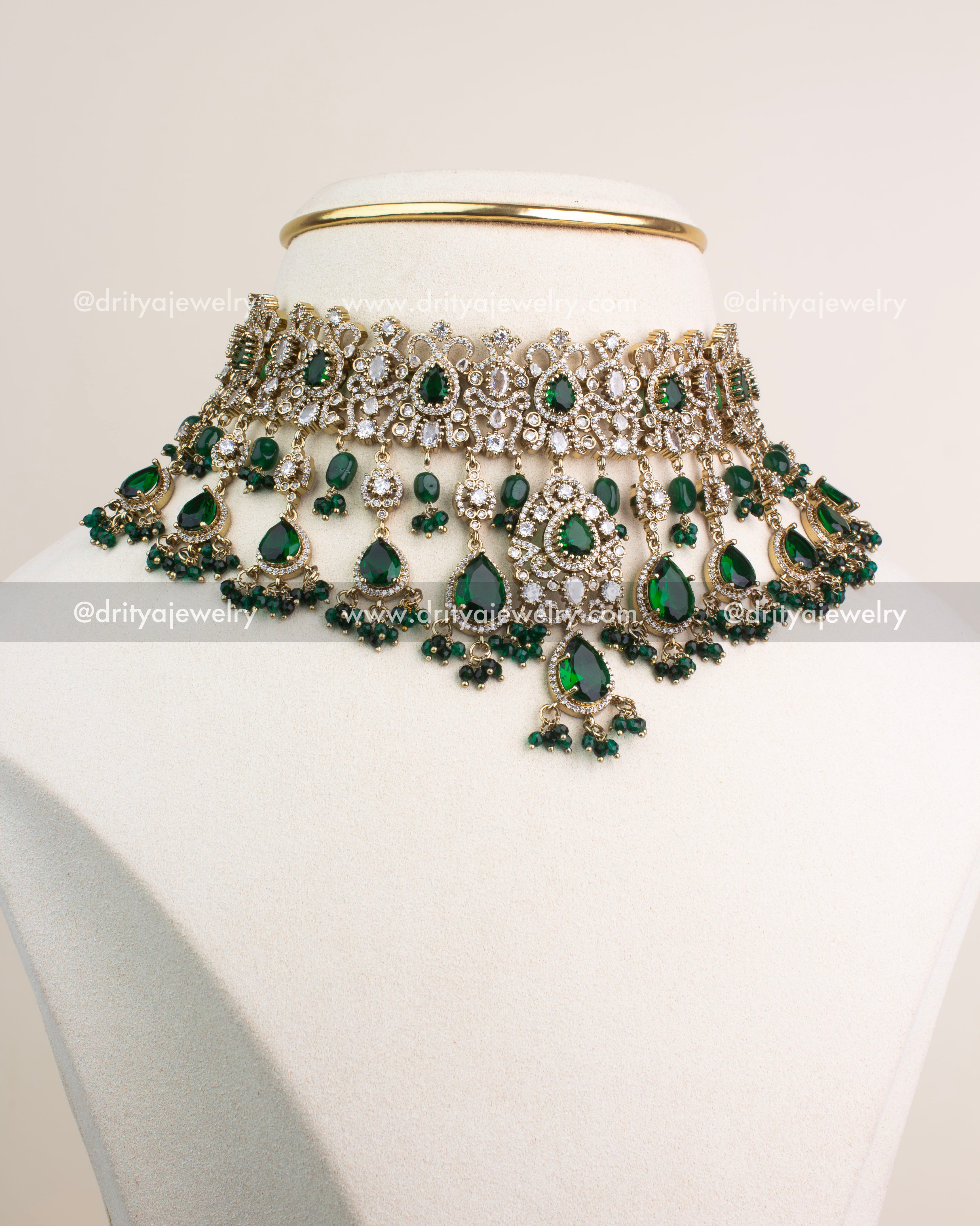 Premium Victorian Bridal Choker Set with Emerald Green stones, CZ crystals, and dangling green beads.