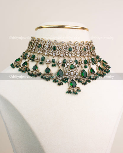 Premium Victorian Bridal Choker Set with Emerald Green stones, CZ crystals, and dangling green beads.