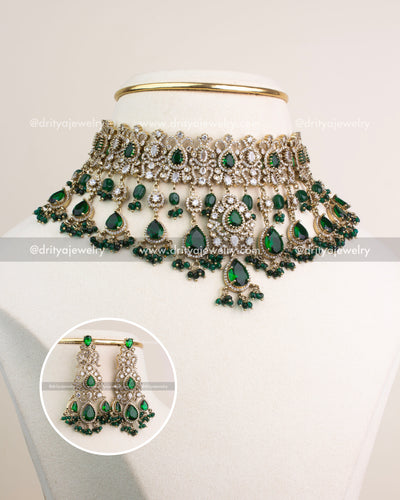 Victorian-style emerald green bridal choker necklace with large matching earrings.