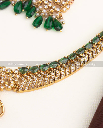 Premium Emerald Green AD Short Necklace Set