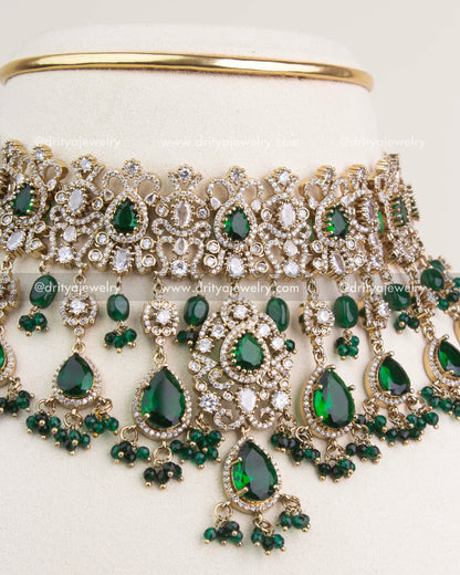 Premium Victorian Bridal Choker Set with Emerald Green stones, CZ crystals, and dangling green beads.