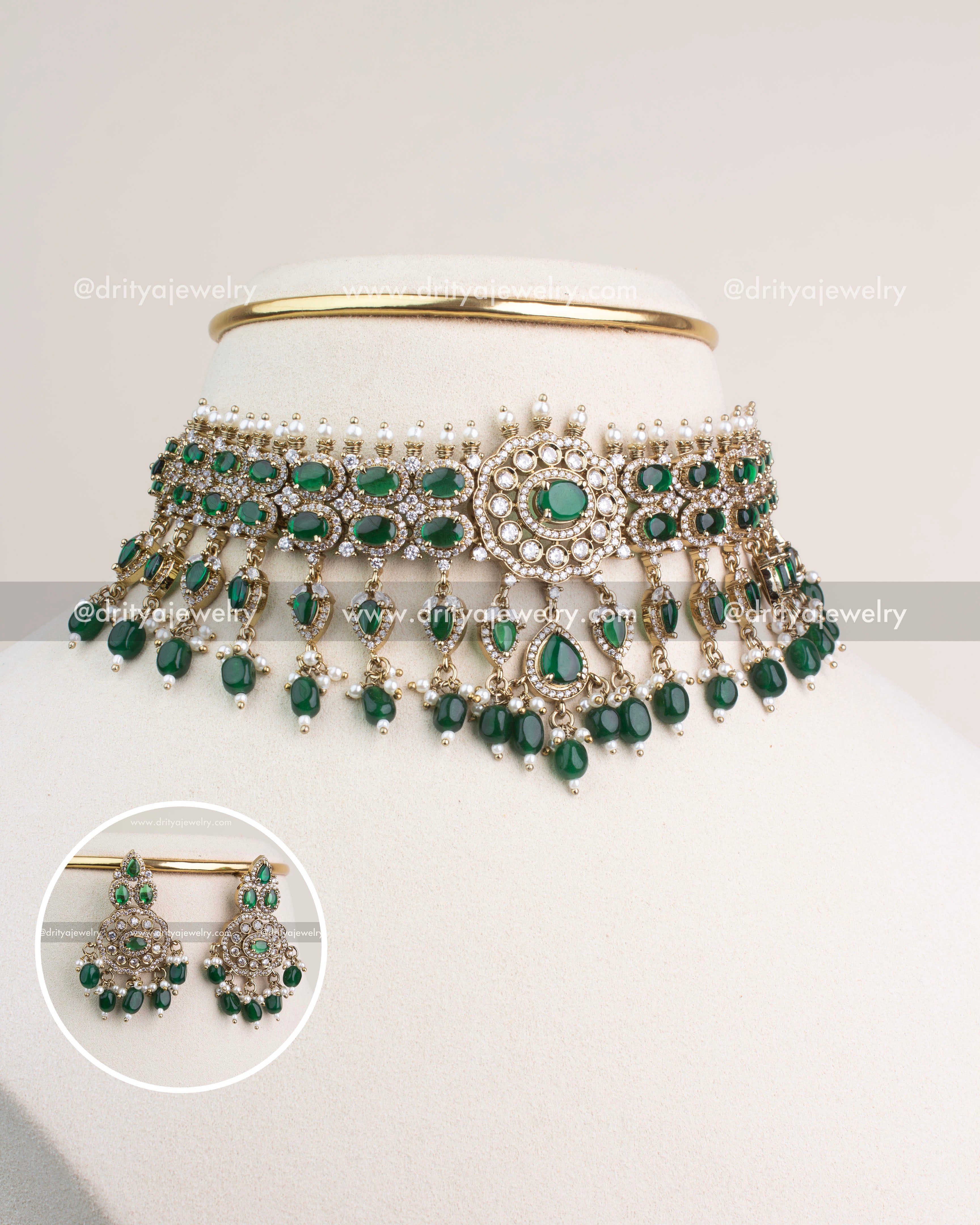 Premium Victorian Choker Set with emerald green stones, white CZ crystals, and pearl bead drops.