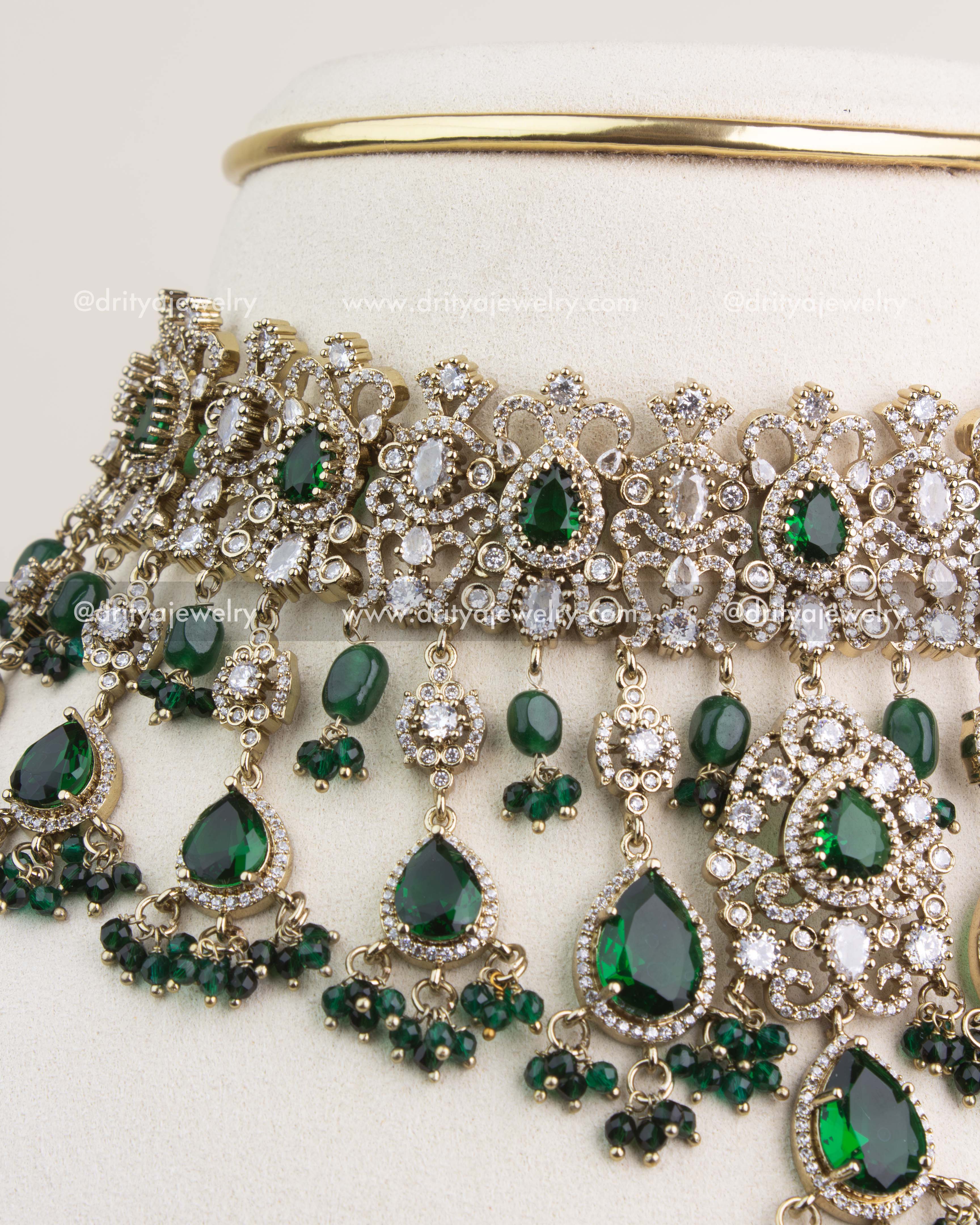 Premium Victorian Bridal Choker Set with Emerald Green stones, CZ crystals, and dangling green beads.