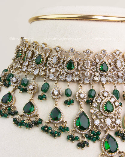 Premium Victorian Bridal Choker Set with Emerald Green stones, CZ crystals, and dangling green beads.