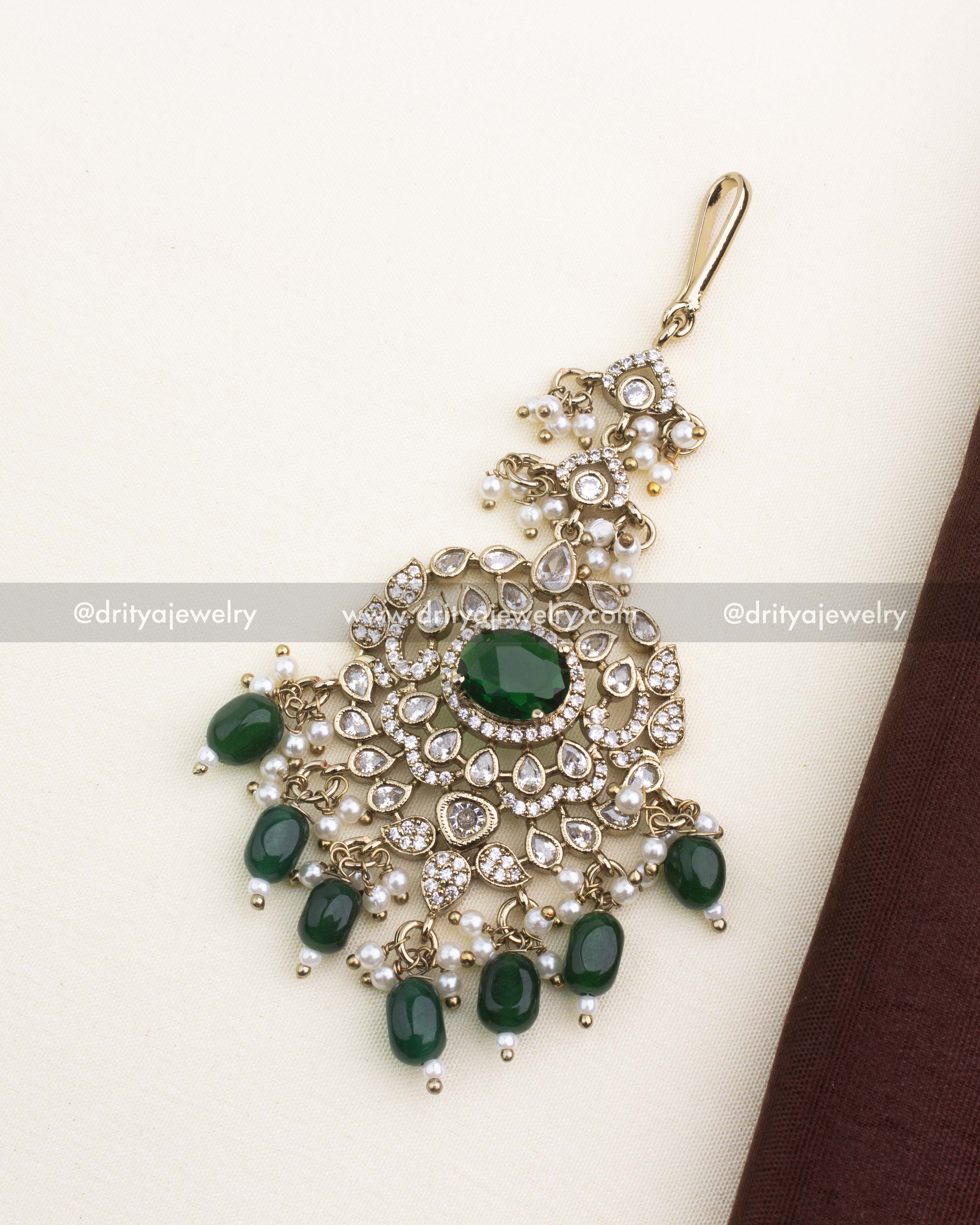 Premium Victorian Maang Tikka with Emerald Green Stones