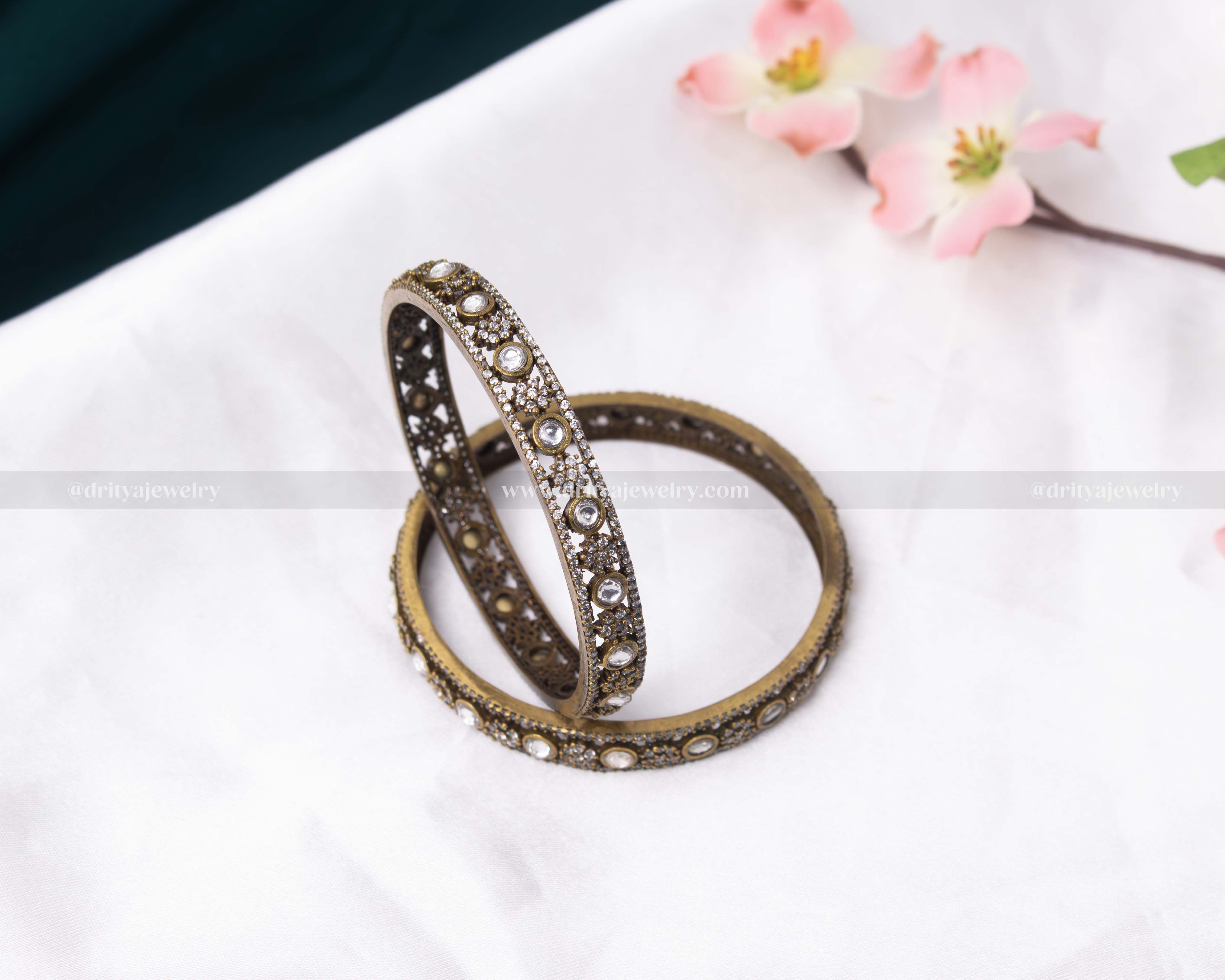 Front view of the Chic Mehndi Victorian Bangle Set showing detailed white stone settings by Dritya Jewelry.