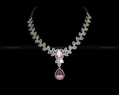 Front view of the Victorian Necklace Set with CZ stones and pink gemstones, designed by Dritya Jewelry for a timeless look.