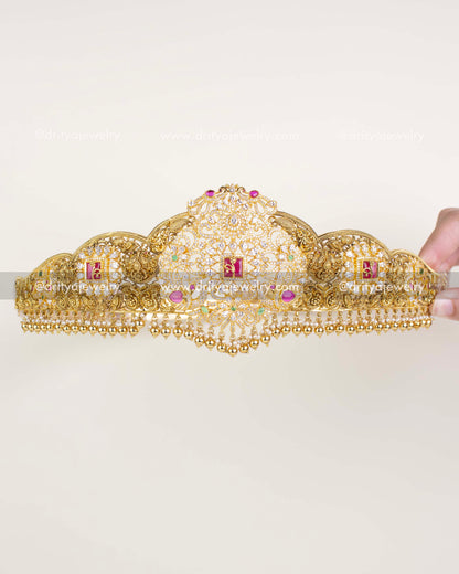 Complete view of ornate bridal waist belt with CZ stones, pearls, and gold-plated detailing.