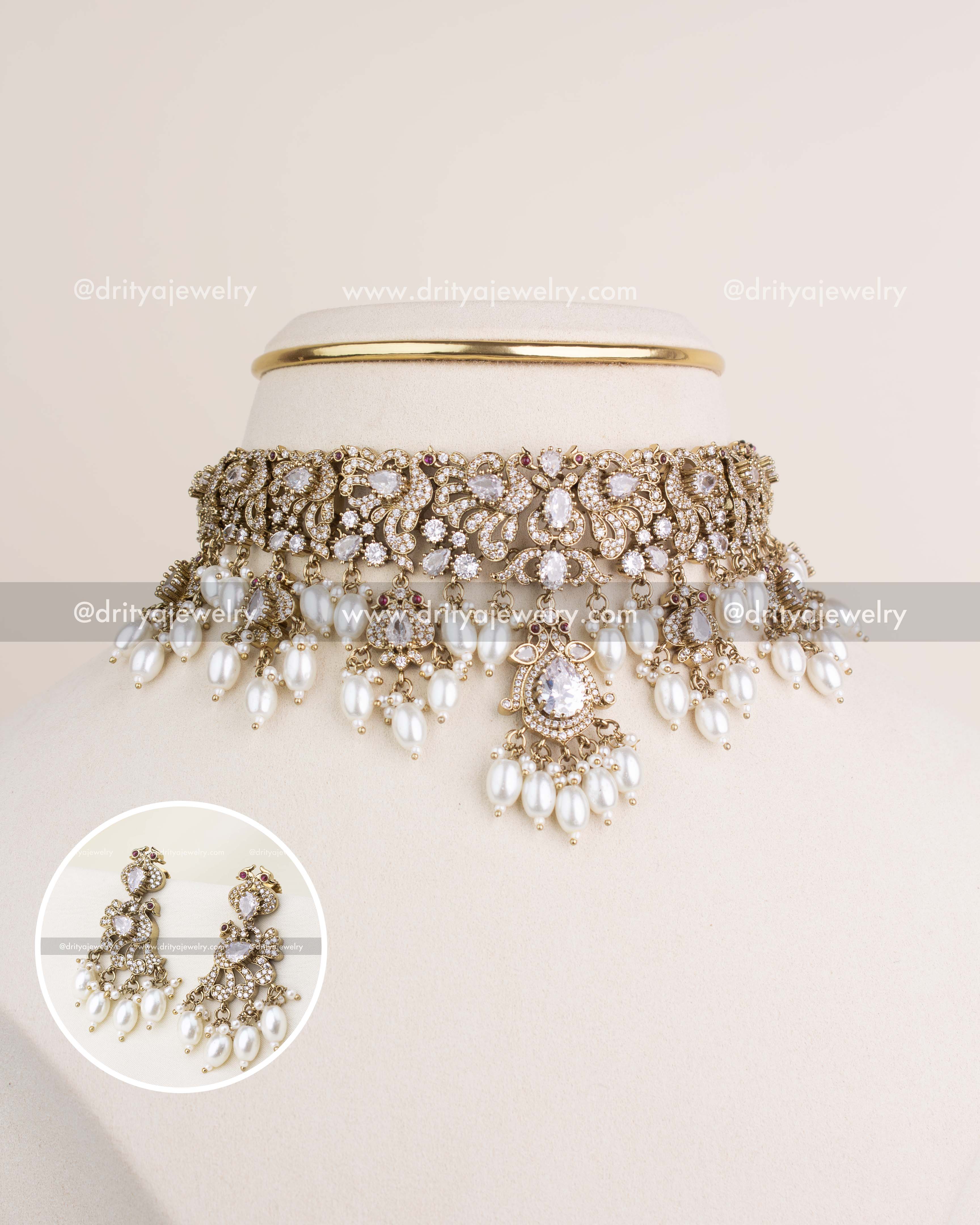 Premium Victorian choker with diamond white stones, CZ detailing, and pearl drops.