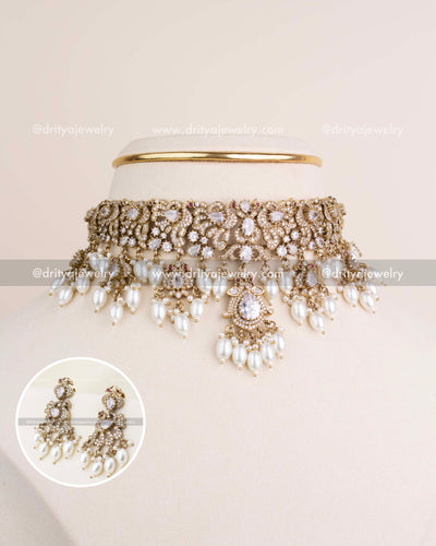 Premium Victorian choker with diamond white stones, CZ detailing, and pearl drops.