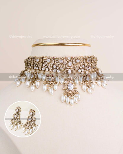 Premium Victorian choker with diamond white stones, CZ detailing, and pearl drops.