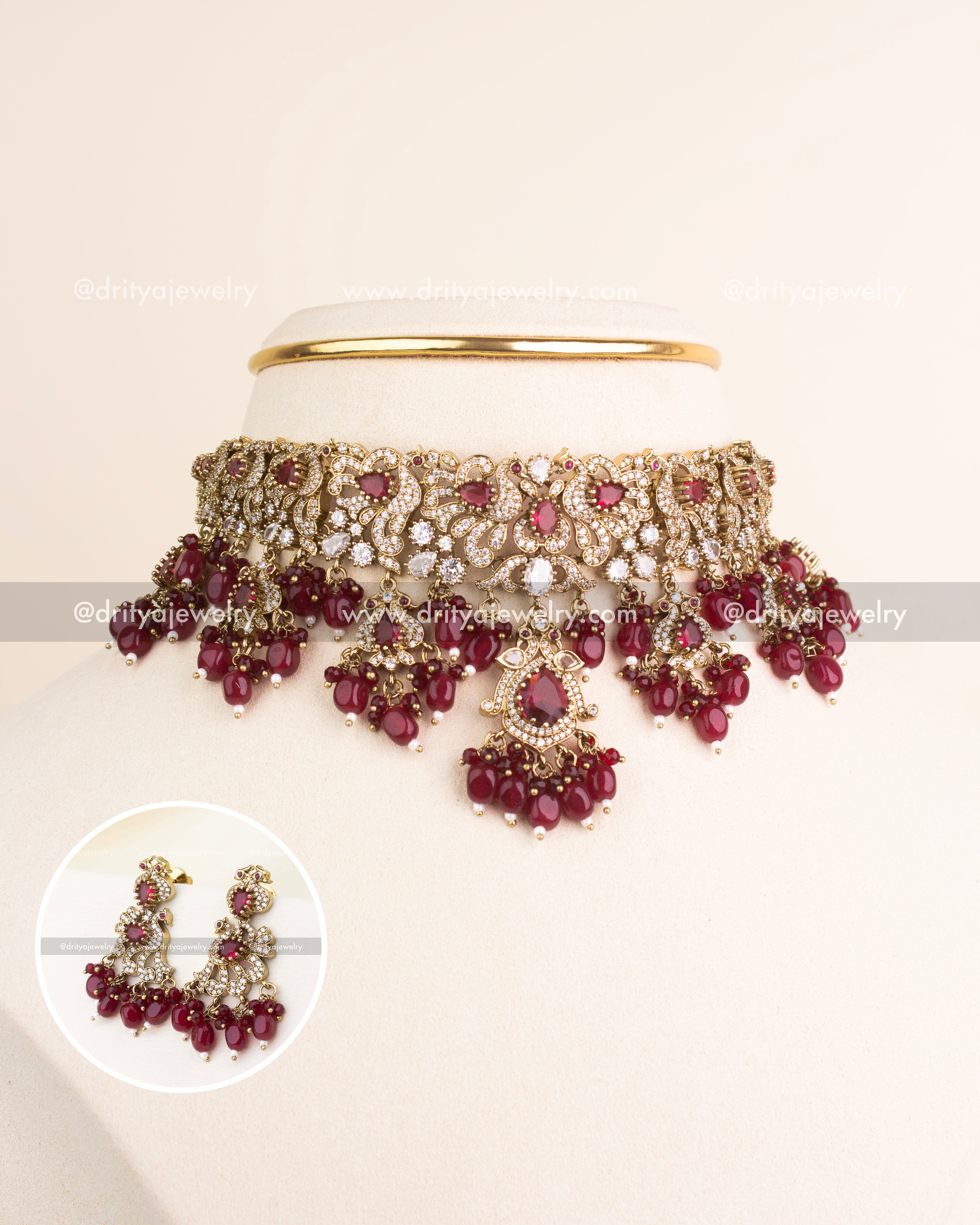 Premium Victorian choker with ruby red stones, CZ accents, and bead drops.