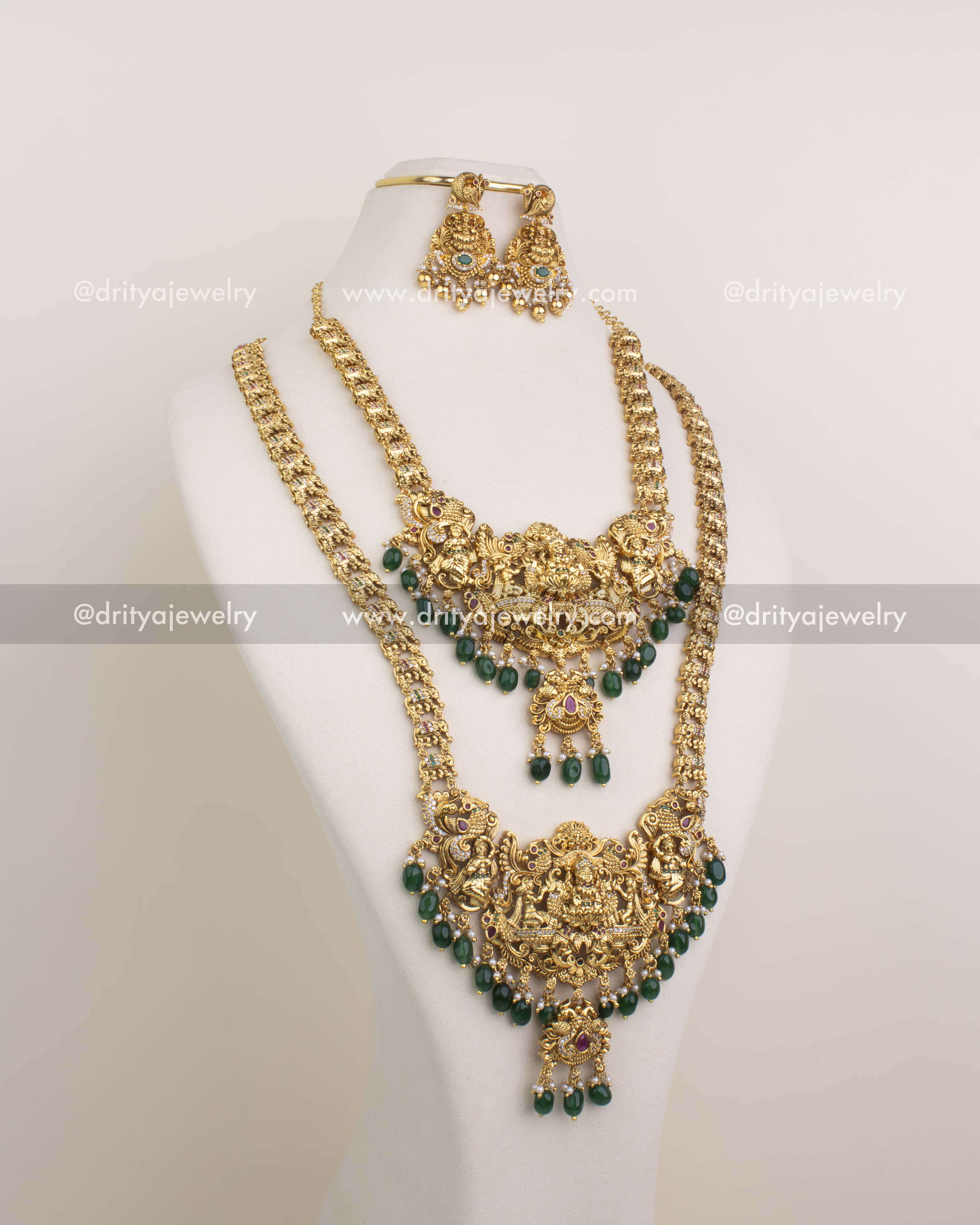 Premium Temple Mini Bridal Set in Emerald Green - Full Set View with Short and Long Necklace and Earrings