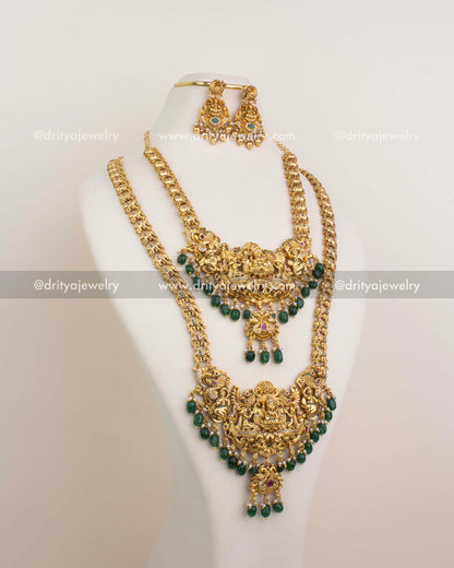 Premium Temple Mini Bridal Set in Emerald Green - Full Set View with Short and Long Necklace and Earrings