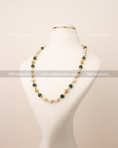 Premium beads mala necklace with pearl and emerald green beads and gold polish