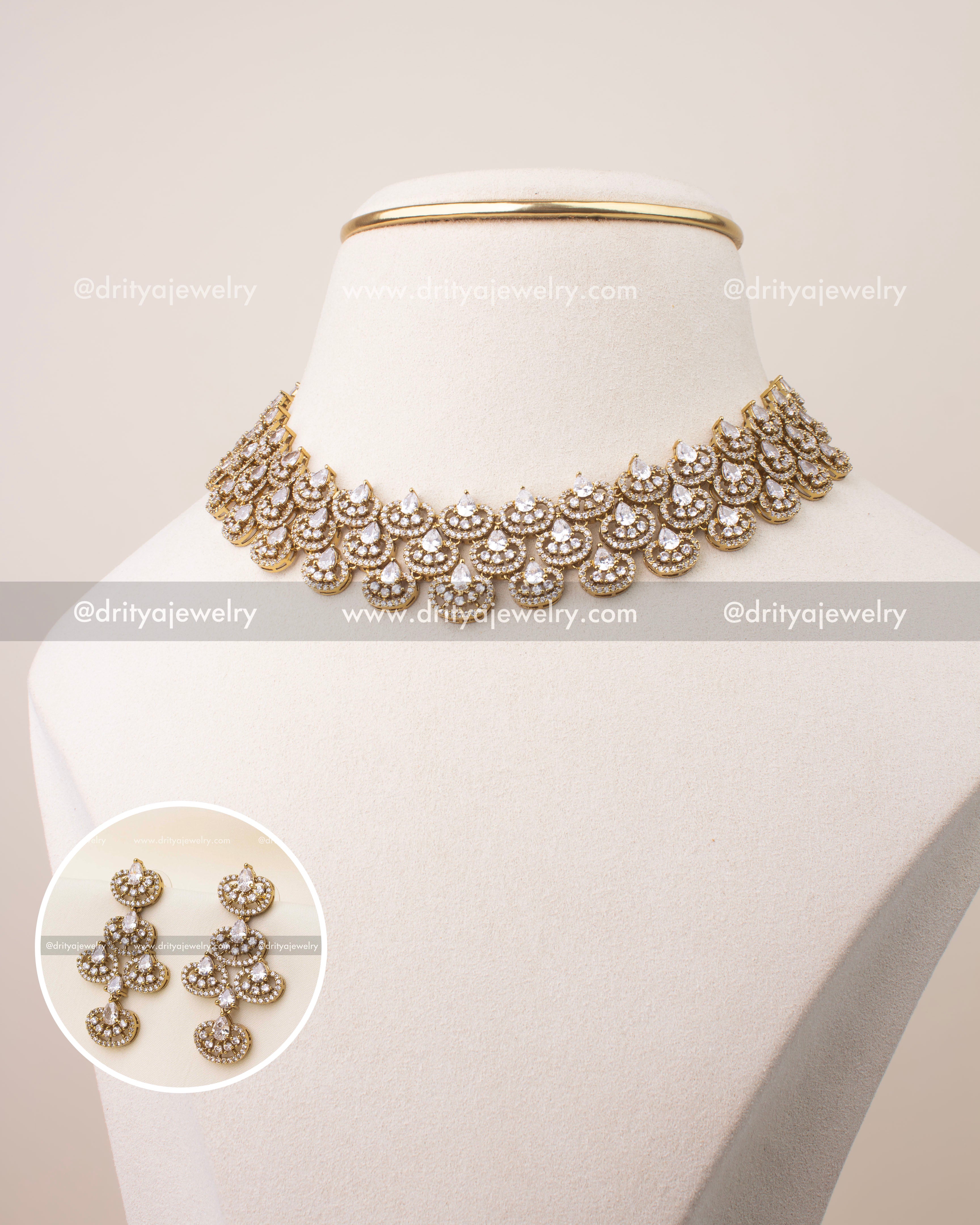 Premium Victorian short necklace with diamond-alike CZ stones and gold polish