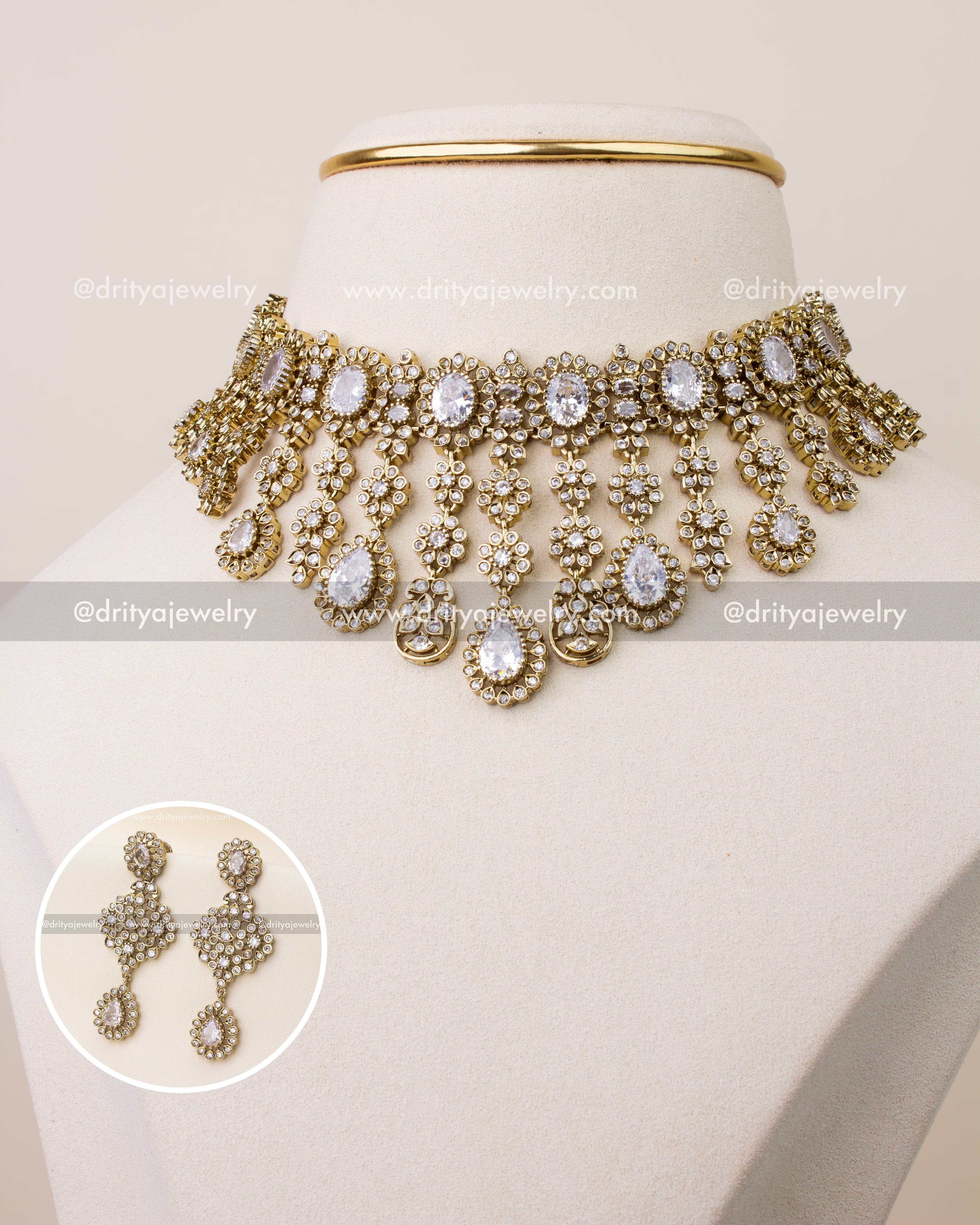 Diamond-alike Victorian princess length necklace set with CZ stones