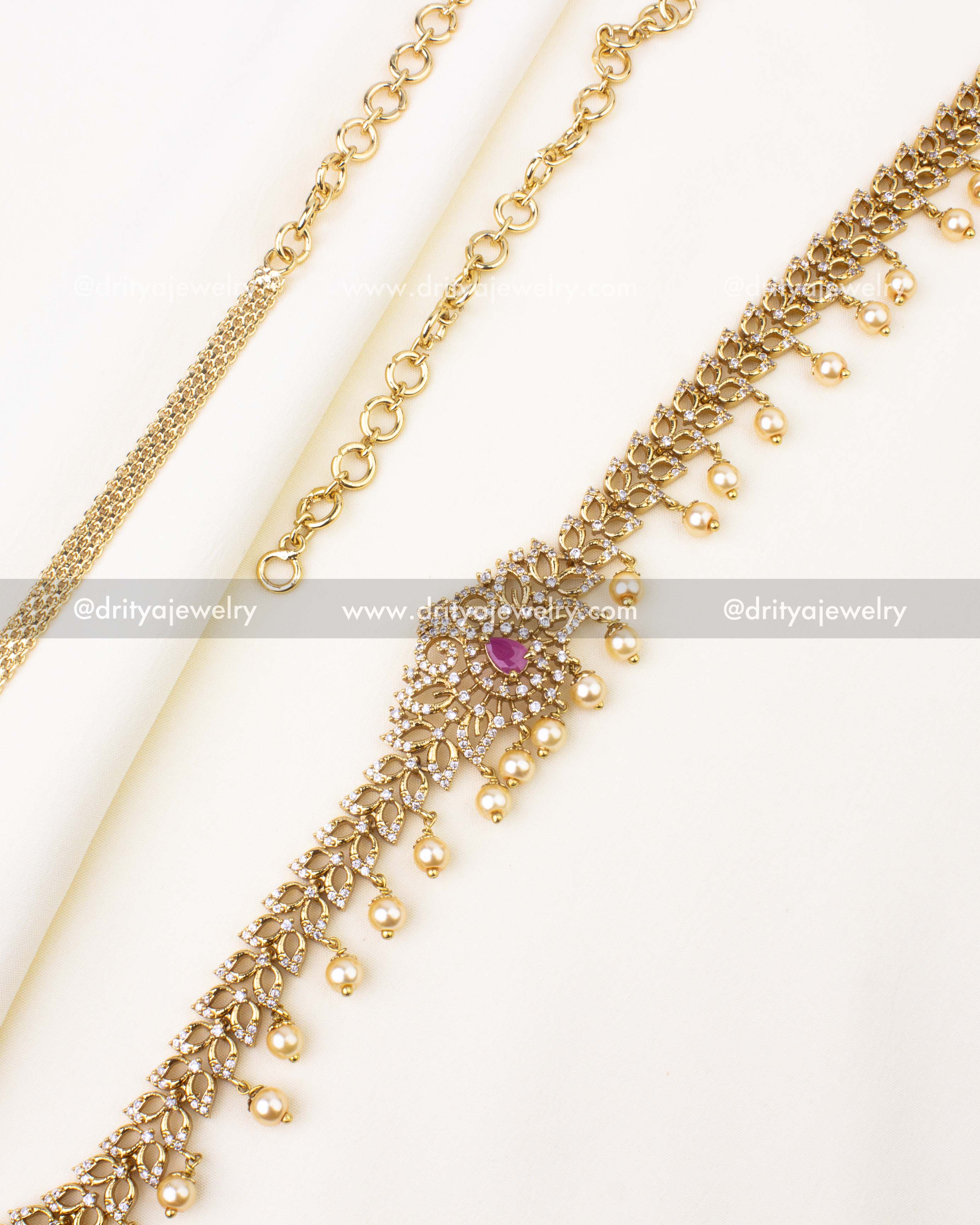 Premium CZ Hip Chain with Pearl Drops and Ruby Center