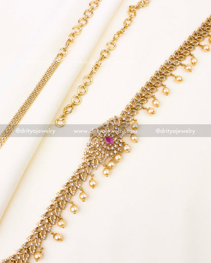 Premium CZ Hip Chain with Pearl Drops and Ruby Center