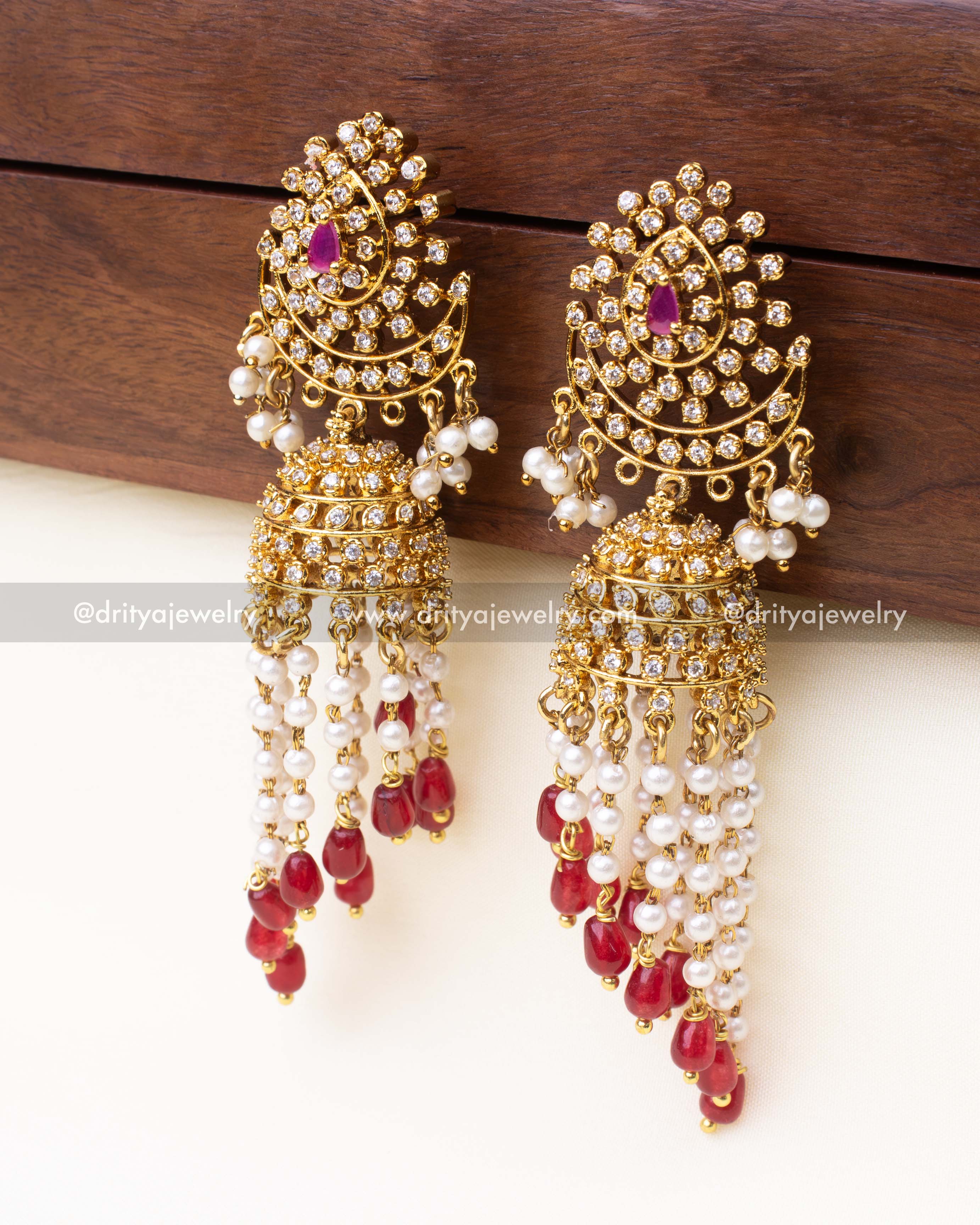 Gold-Plated Jhumkas with Ruby Red and Pearl Danglers