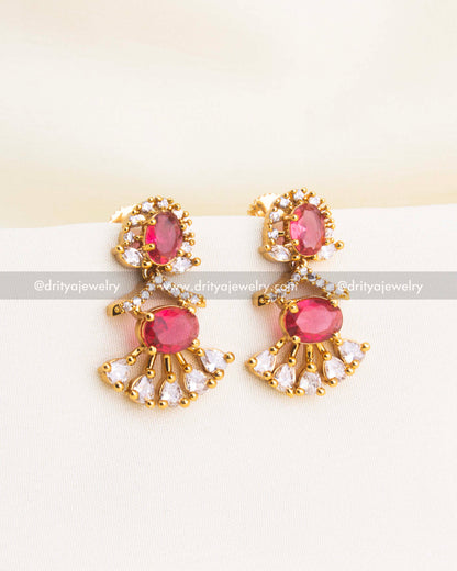 Elegant ruby red CZ short necklace with matching earrings in gold polish finish.