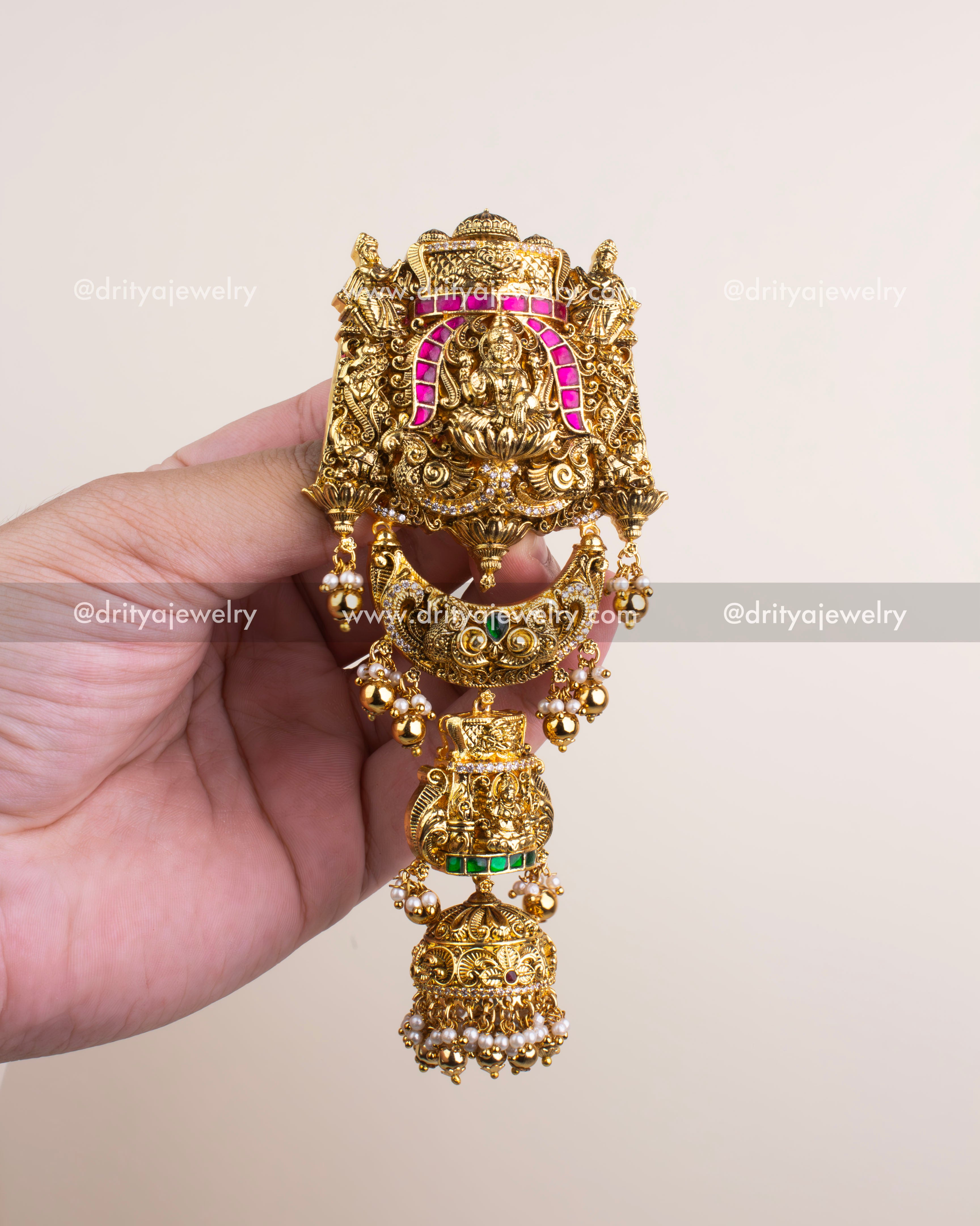 Premium antique polished Jadau Kemp Jada Billa with green stones and goddess motif.