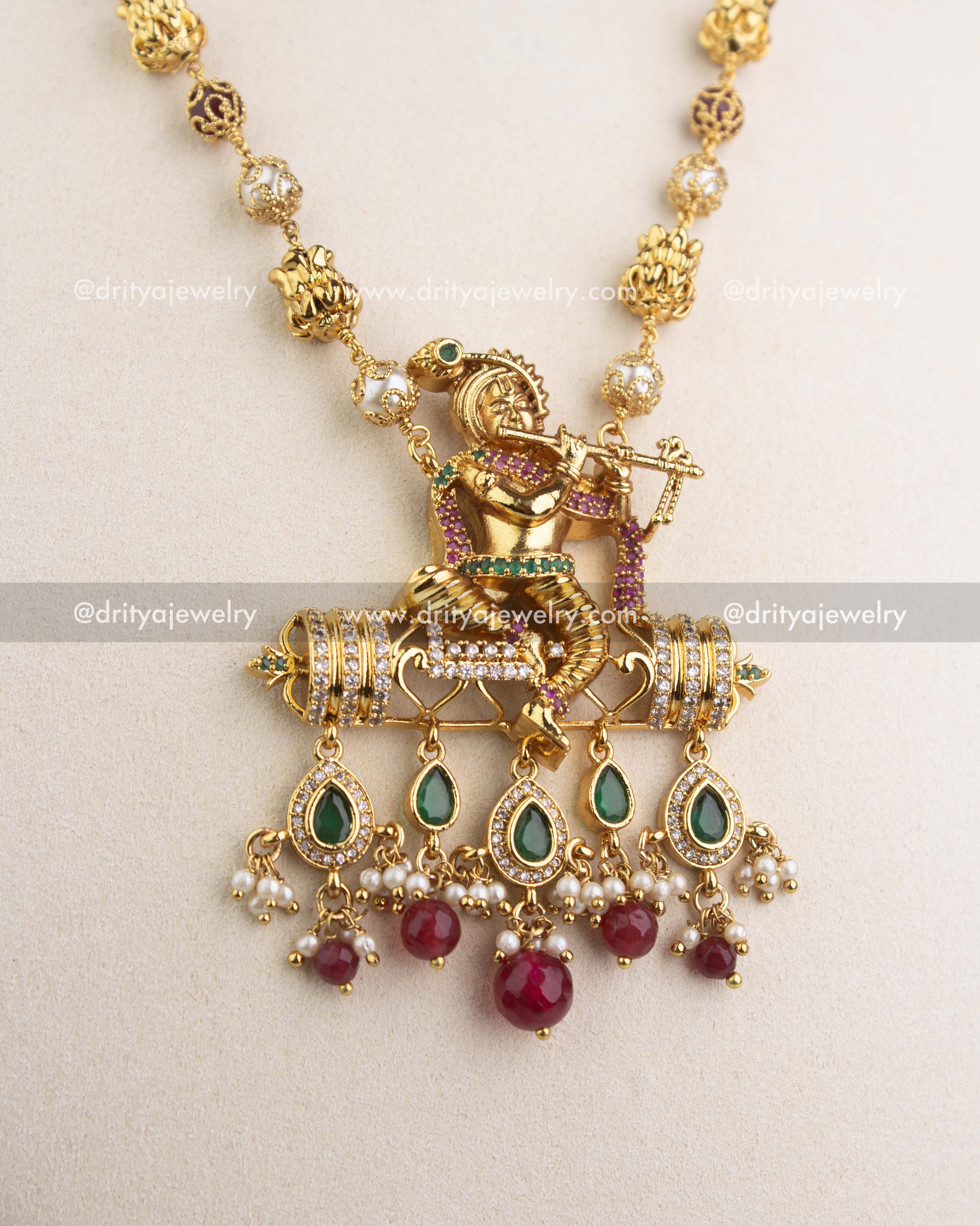Premium Lord Krishna Pendant Necklace with Ruby Beads